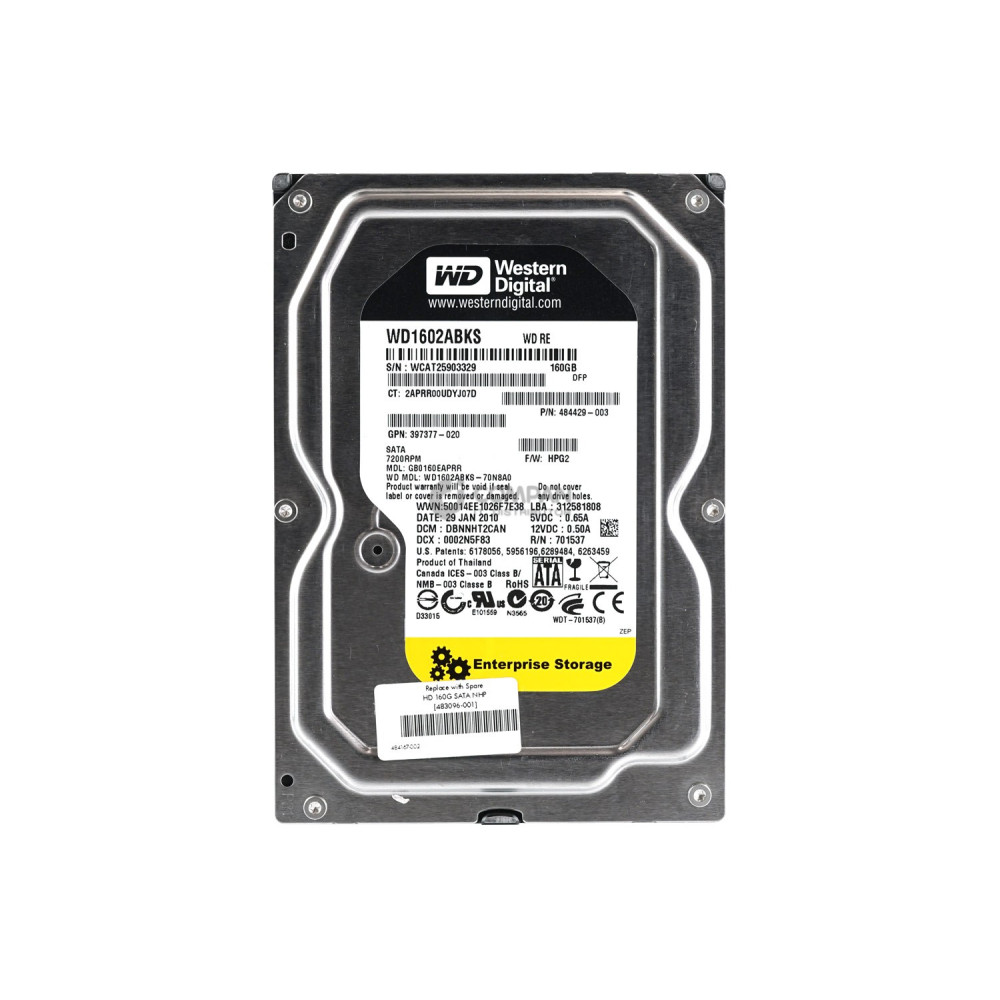 483096-001 HP HARD DRIVE 160GB 7.2K SATA 3G 3.5 LFF WD1602ABKS, 484429-003